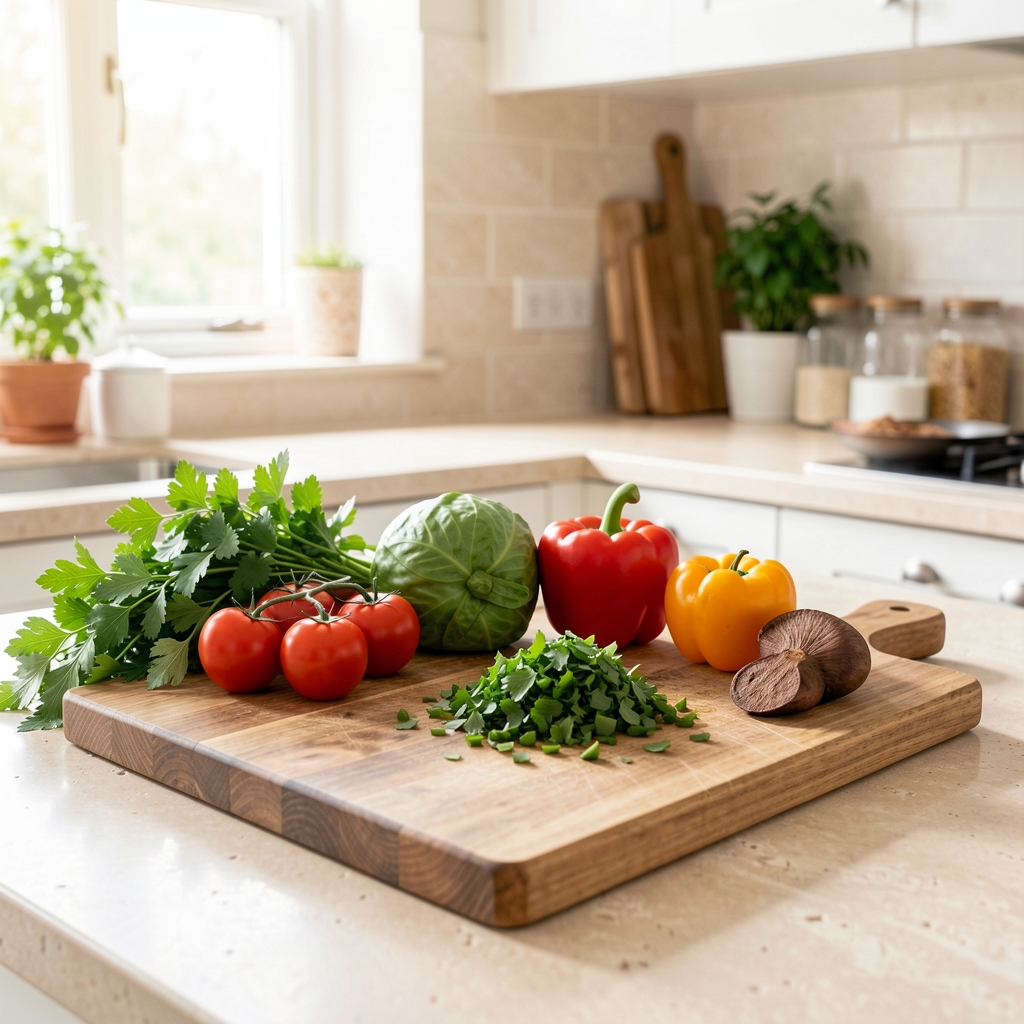 Bright natural kitchen scene with fresh vegetables, chopped herbs, and a wooden cutting board on a light stone countertop